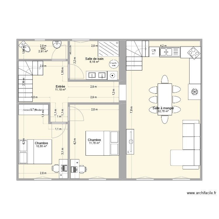 étage 2. Plan de 6 pièces et 75 m2
