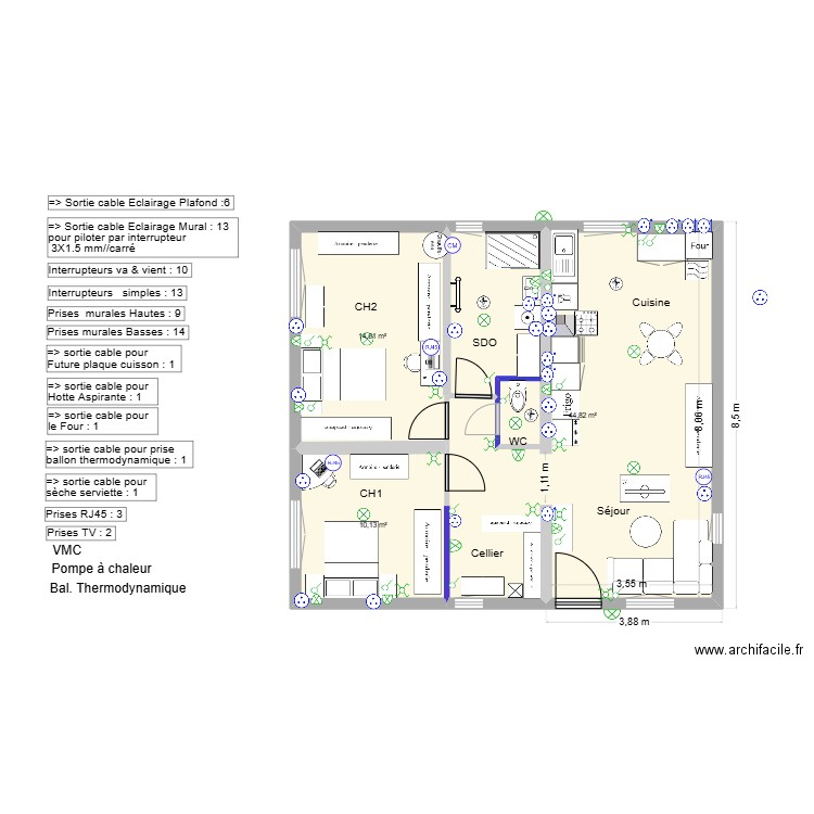 Pibrac Projet Elec & disposit° bis. Plan de 3 pièces et 70 m2