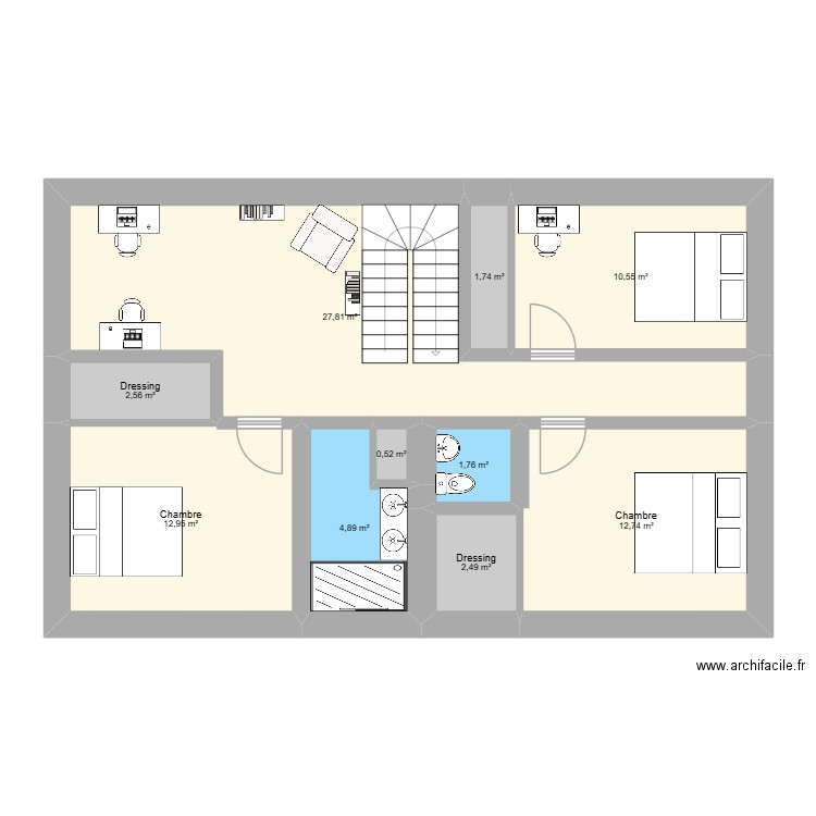 2e étage. Plan de 10 pièces et 78 m2