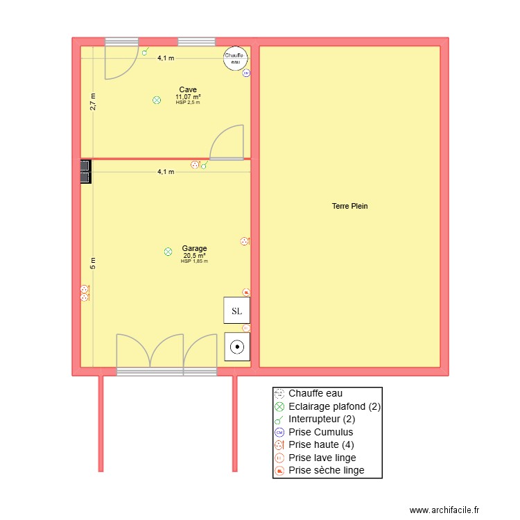 Plan sous sol (cave et garage). Plan de 3 pièces et 65 m2