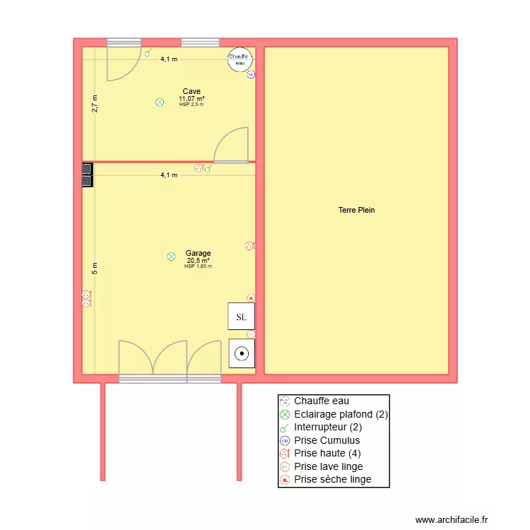 Plan sous sol (cave et garage). Plan de 3 pièces et 65 m²