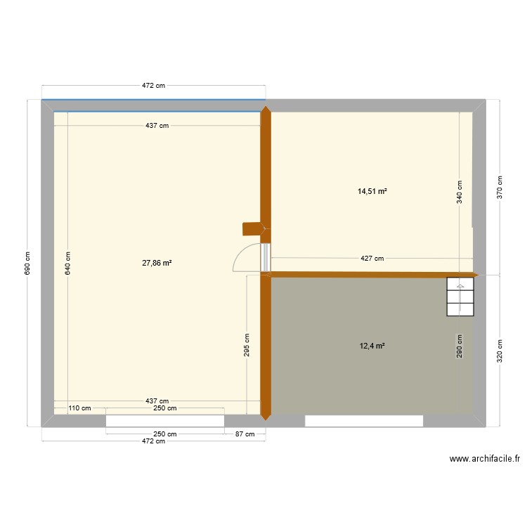 grange mezzanine. Plan de 3 pièces et 55 m2