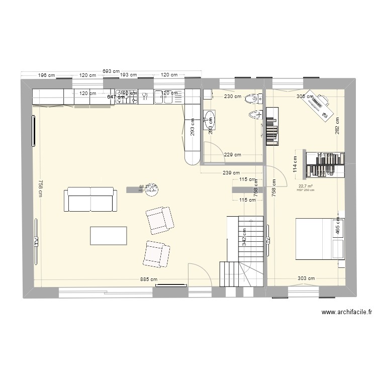 PES aménagé 1. Plan de 2 pièces et 89 m2