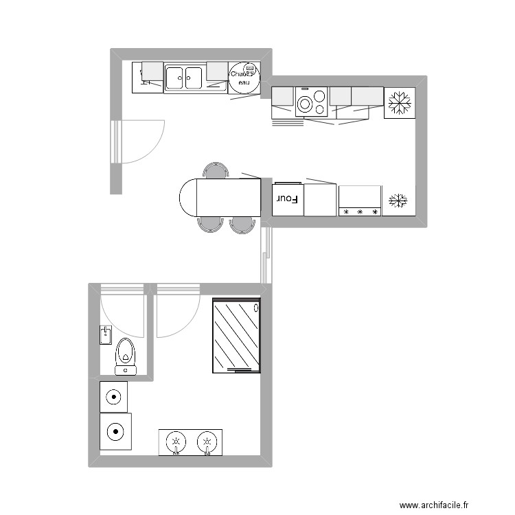 cuisine sans modif porte. Plan de 2 pièces et 9 m2