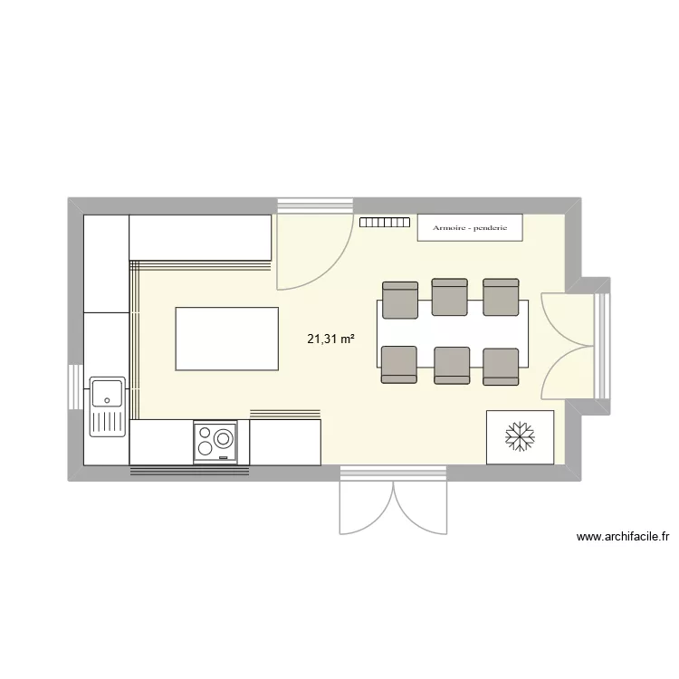 cuisine. Plan de 1 Pièce et 21 m²