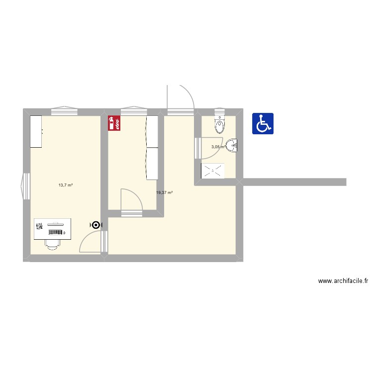 RDC CABINET. Plan de 3 pièces et 36 m2