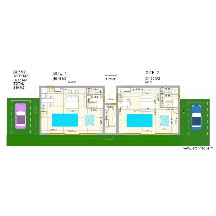 MAISON. Plan de 7  et 140 m²