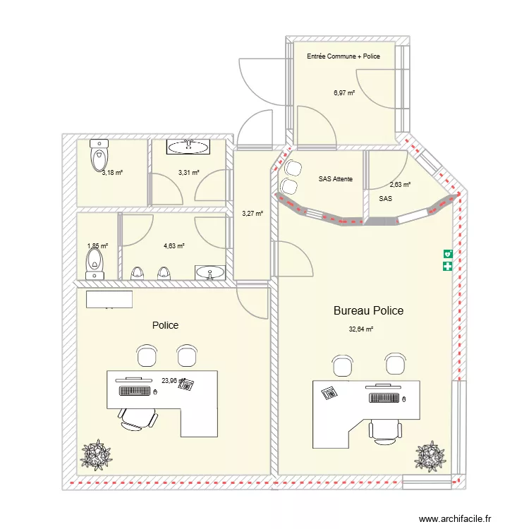 bureau de police avec meubles. Plan de 9  et 82 m²