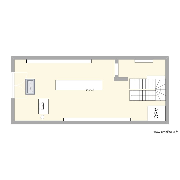 magasin. Plan de 1 pièce et 56 m2