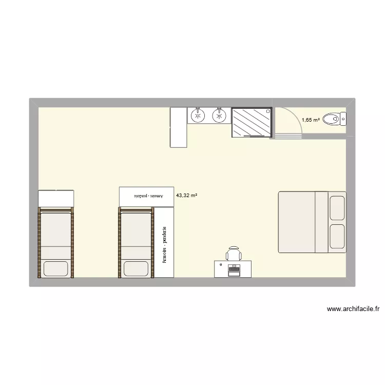 2&egrave;me &eacute;tage. Plan de 2 Pièces et 45 m²