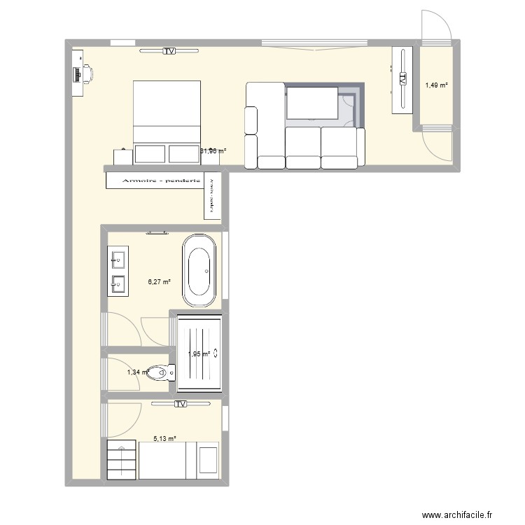 suite final. Plan de 6 pièces et 48 m2