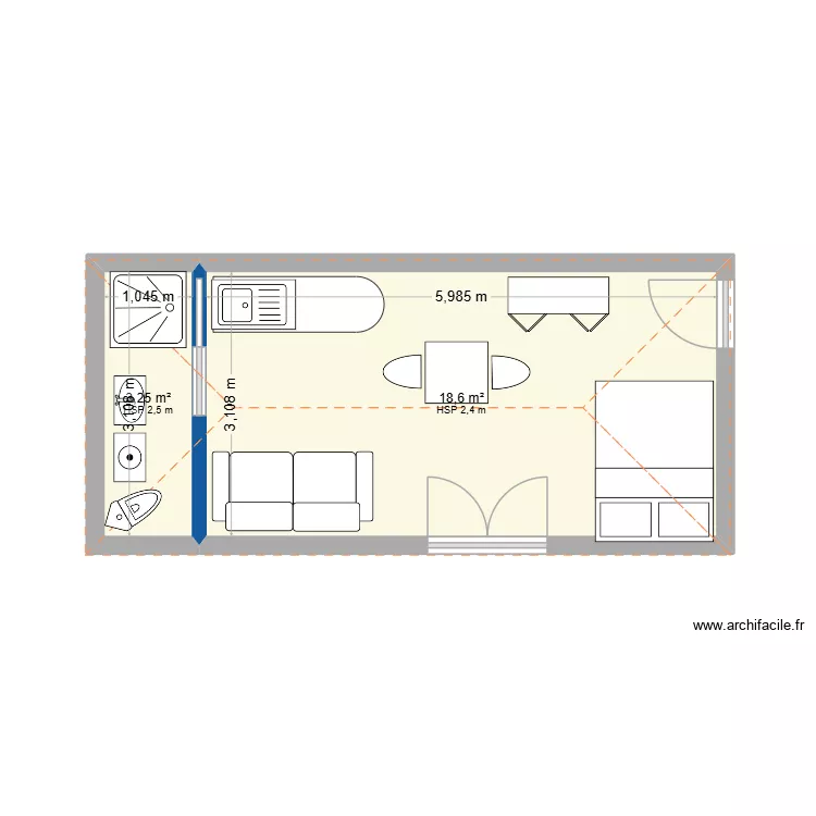 Atelier. Plan de 2 pièces et 22 m²