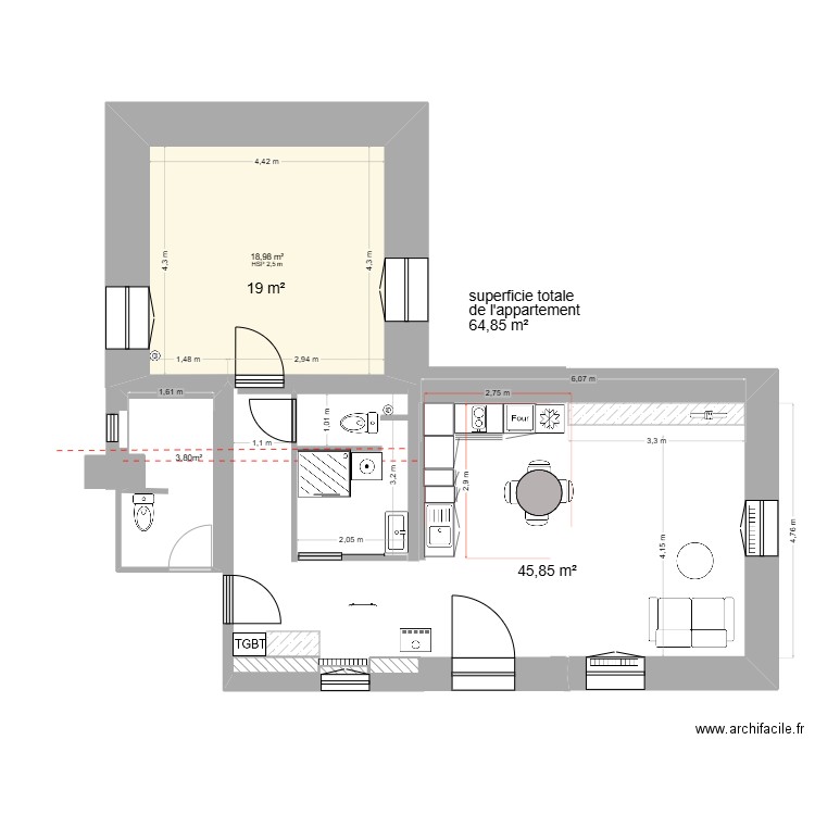 APD appartement 2. Plan de 1 pièce et 19 m2