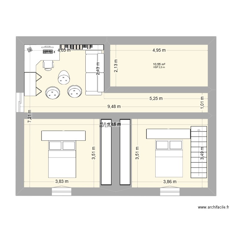 Plan étage. Plan de 2 pièces et 56 m2