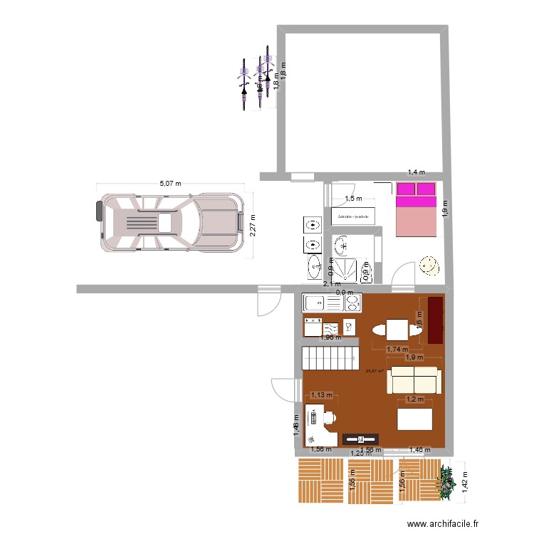 Studio. Plan de 1 pièce et 26 m2