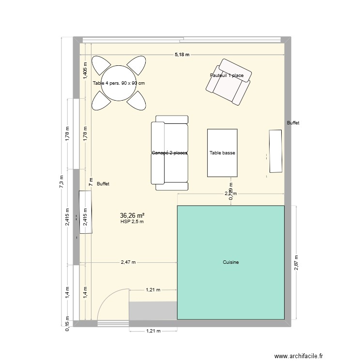 SEJOUR-CUISINE. Plan de 1 pièce et 36 m2