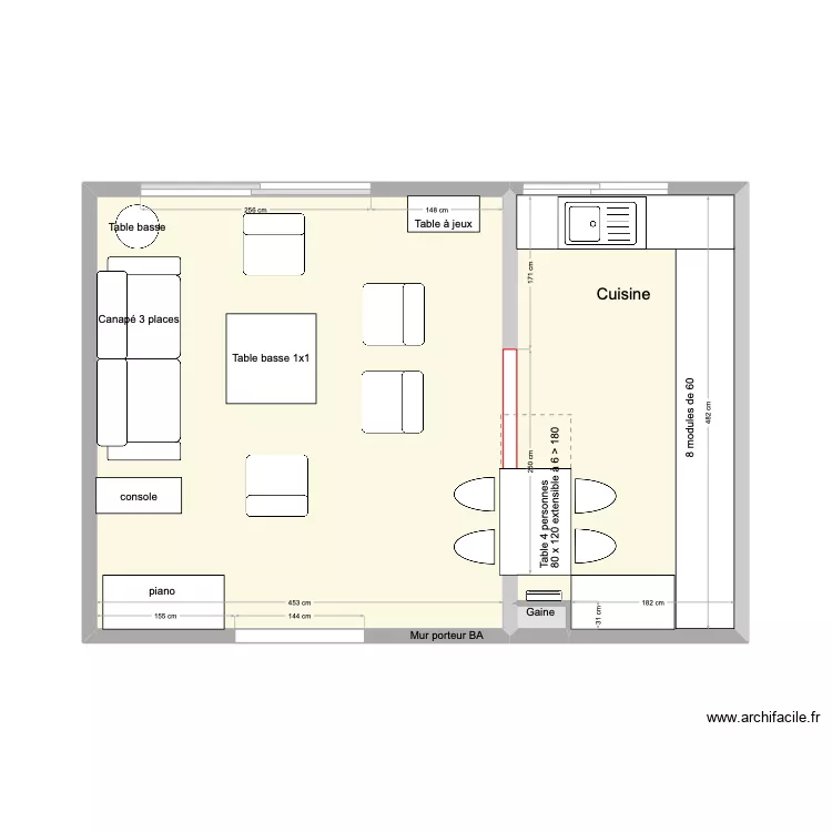 Cuisine en  U sans porte + table en bas. Plan de 