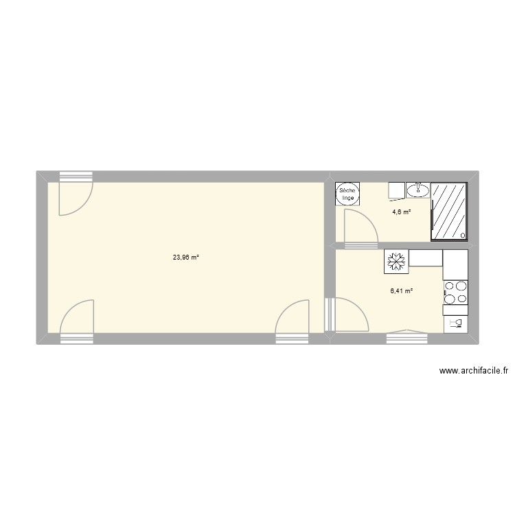extension HC. Plan de 3 pièces et 35 m2