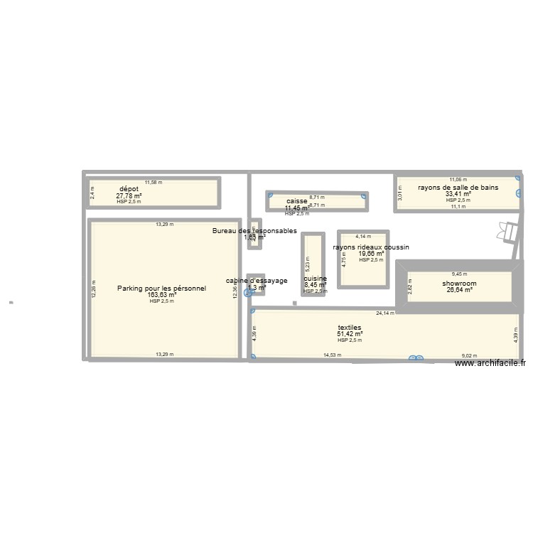 magasins. Plan de 10 pièces et 401 m2