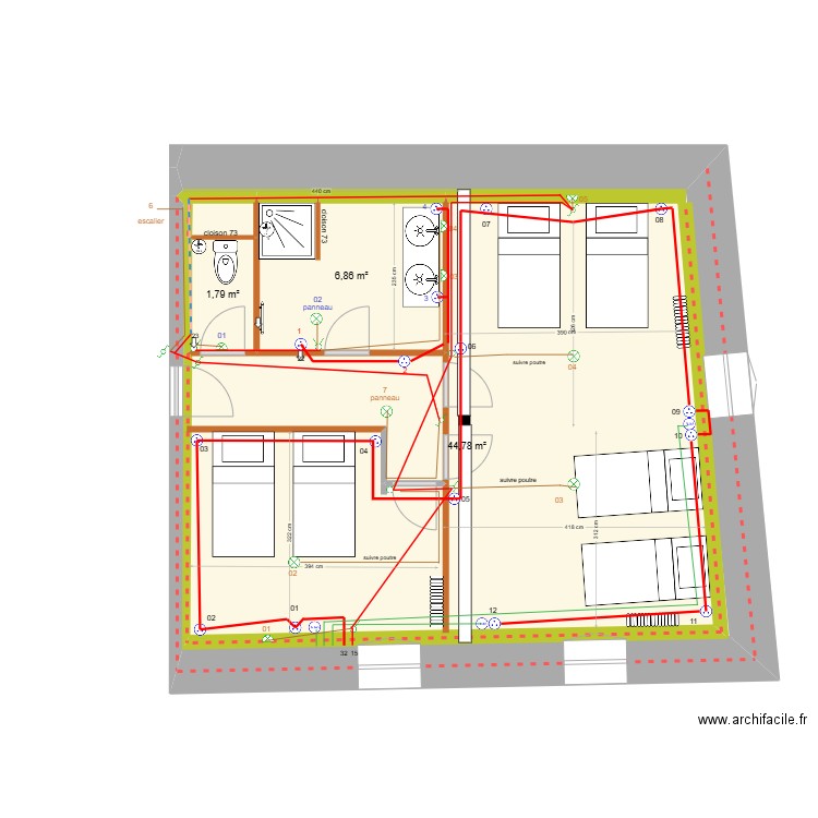 chambres premier. Plan de 9 pièces et 106 m2