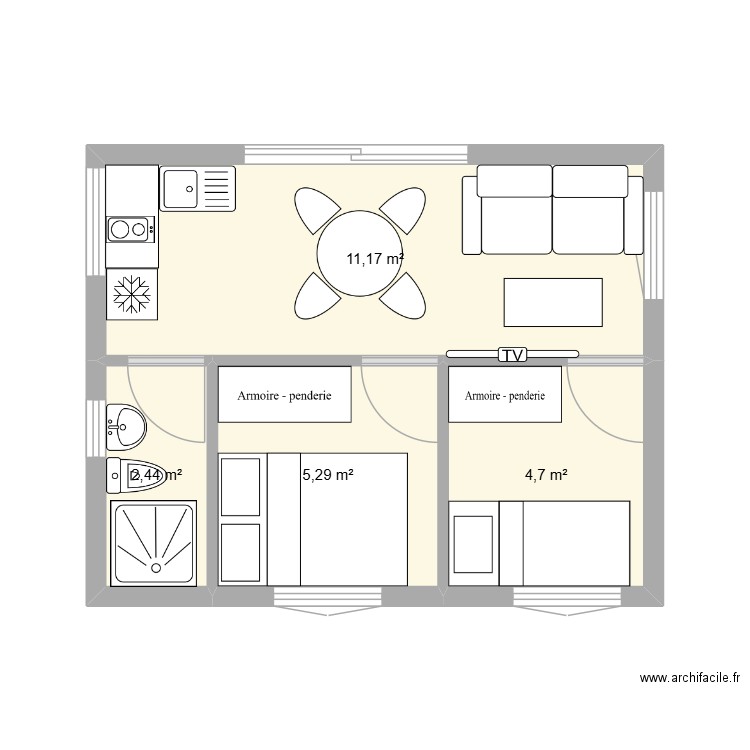 bungalow 2 chambre 30 m2. Plan de 4 pièces et 24 m2