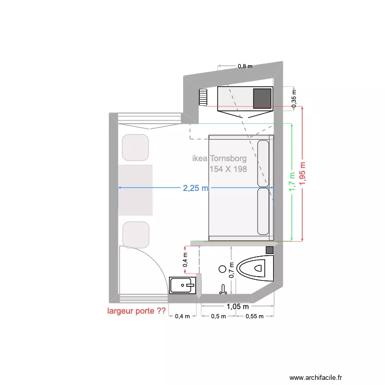 chambre mesures Youri 2. Plan de 1  et 6 m²
