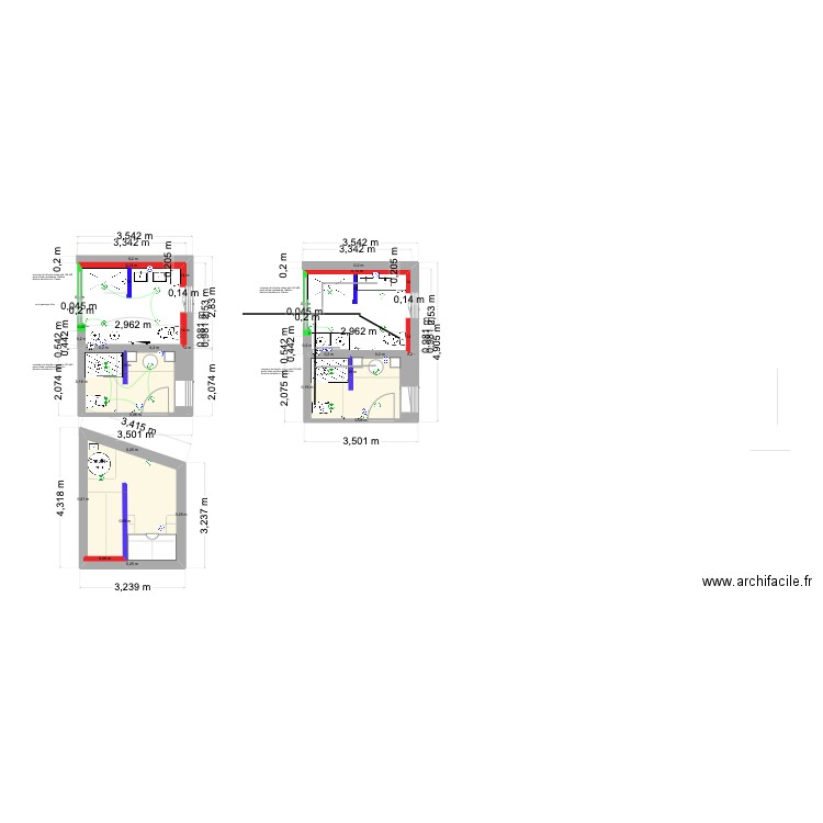 SDB Parents SURCOUF. Plan de 3 pièces et 21 m2