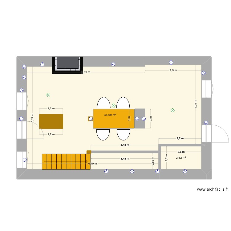 RDC. Plan de 1 pièce et 48 m2