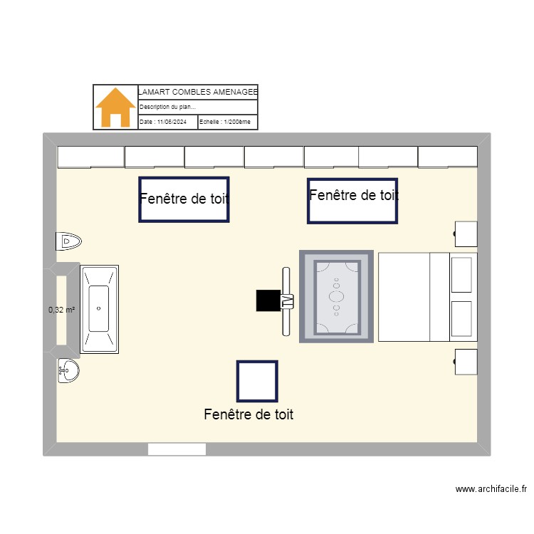 CLAMART COMBLES AMENAGEES. Plan de 2 pièces et 50 m2