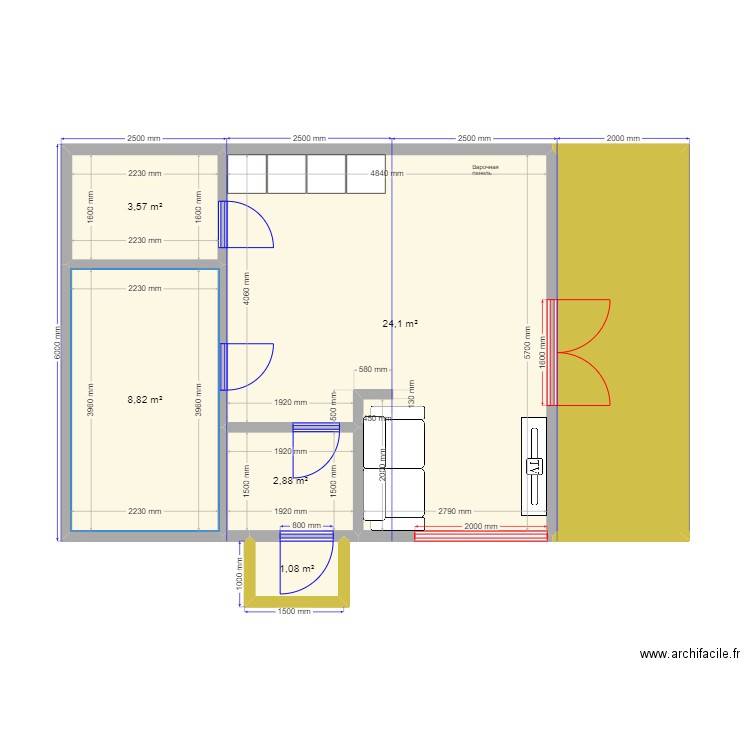 45 45 45. Plan de 6 pièces et 51 m2