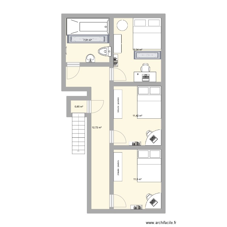 Maison deusième étage. Plan de 6 pièces et 57 m2