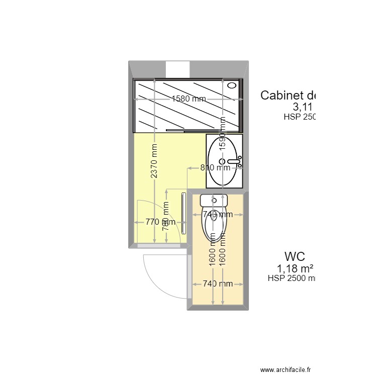 SDB RdC. Plan de 2 pièces et 4 m2