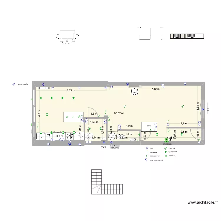 meubles rdc. Plan de 1  et 58 m²
