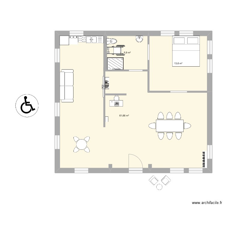PMR. Plan de 3 pièces et 81 m2