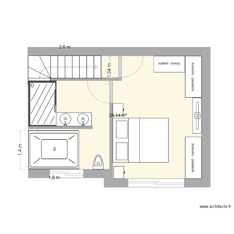 Chambre. Plan de 1 pièce et 25 m2