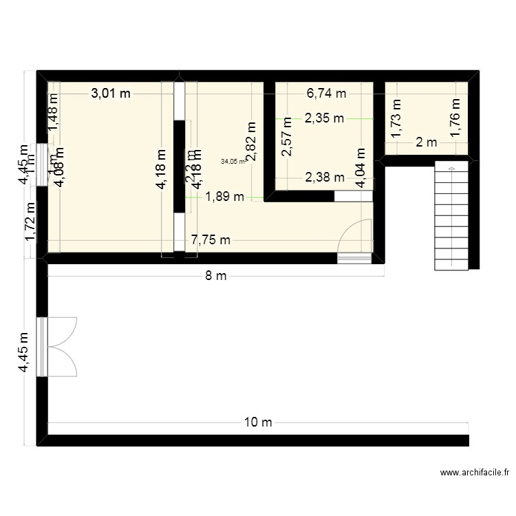salon chambre. Plan de 3 pièces et 70 m2