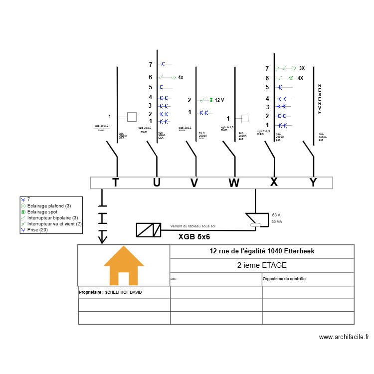 Schéma unifilaire 2 ieme étage. Plan de 4 pièces et 1 m2