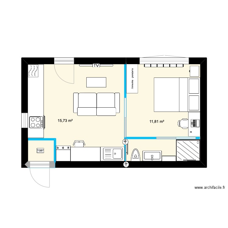 RDC 2 27,94M2. Plan de 2 pièces et 28 m2