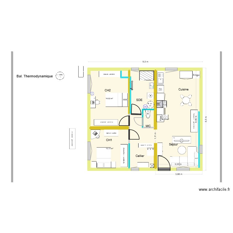 Pibrac Plomberie disposit° 1/1/1. Plan de 3 pièces et 69 m2