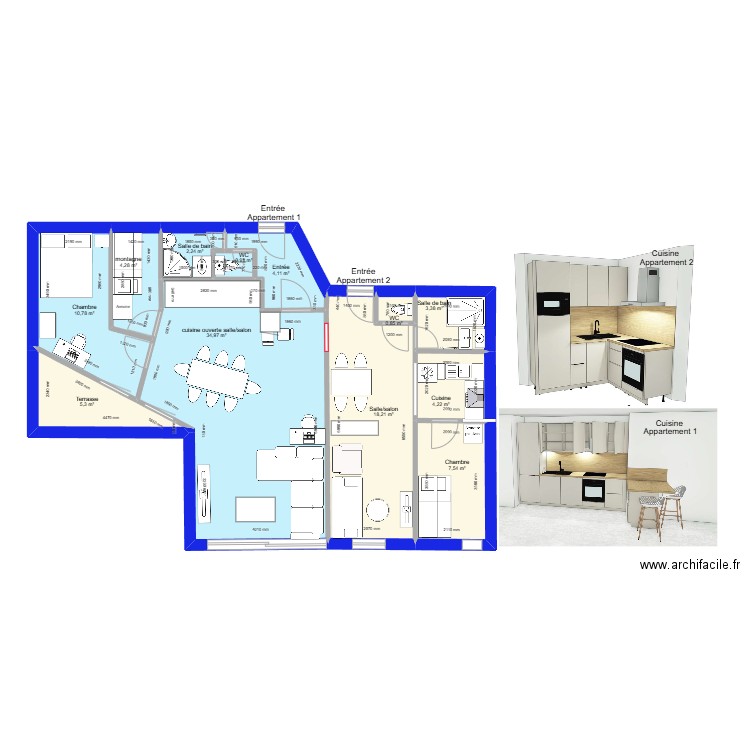 Briançon 5 aménagé 2 appartements. Plan de 12 pièces et 97 m2
