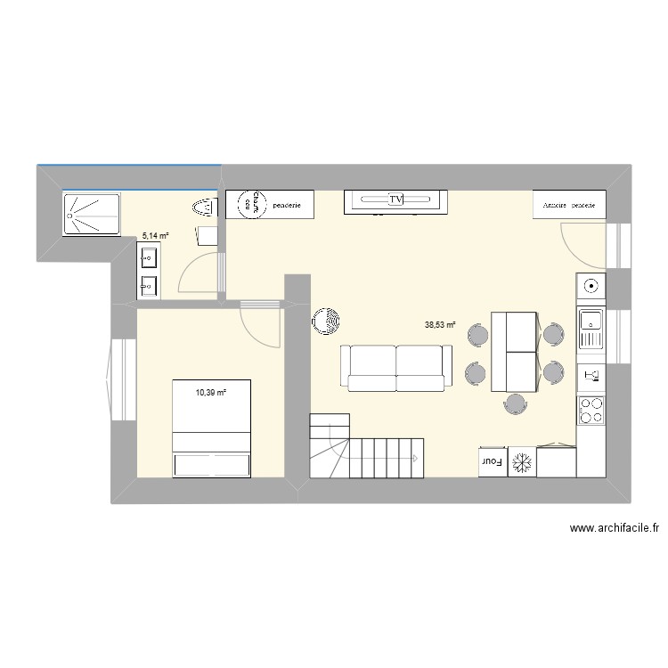 RDC BRAM. Plan de 3 pièces et 54 m2