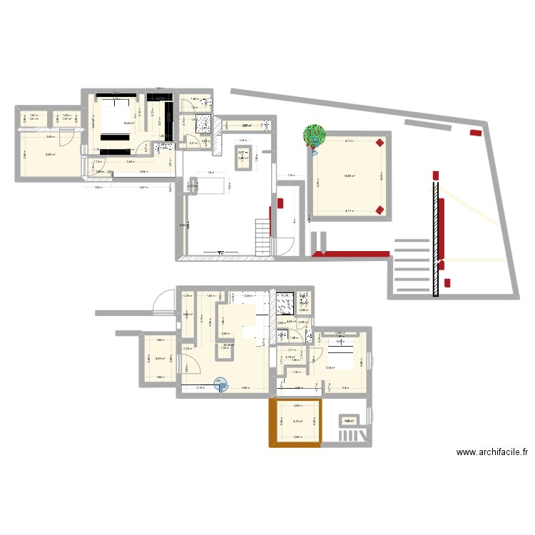ferme bas. Plan de 20 pièces et 121 m2