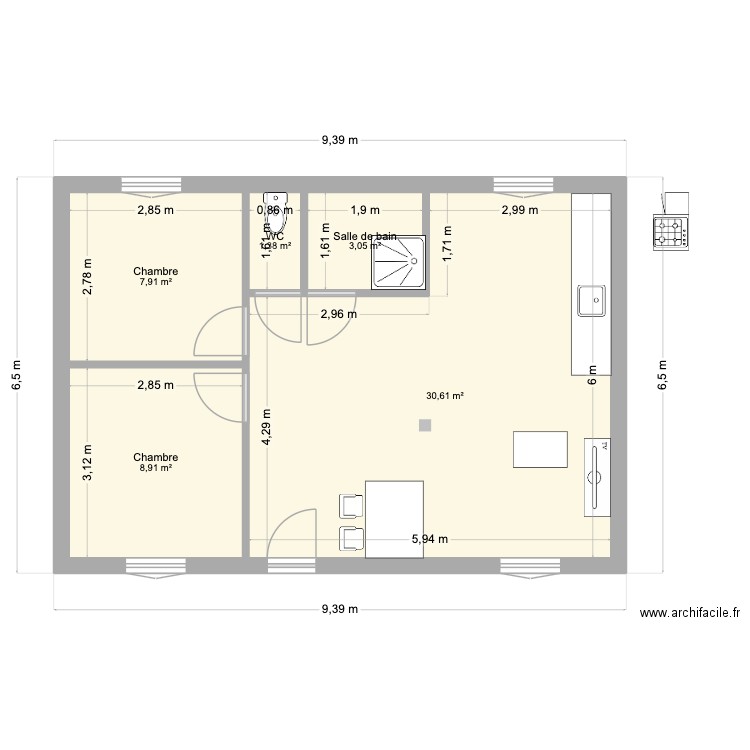 Guipry. Plan de 5 pièces et 52 m2