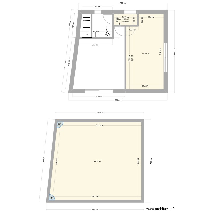 extention . Plan de 4 pièces et 45 m2