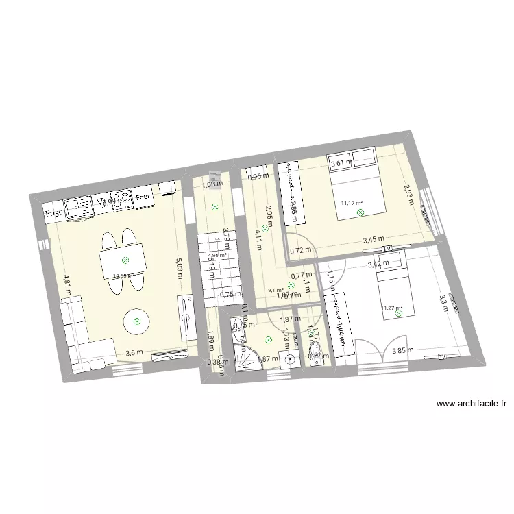 st just &eacute;tage. Plan de 5 pièces et 55 m²