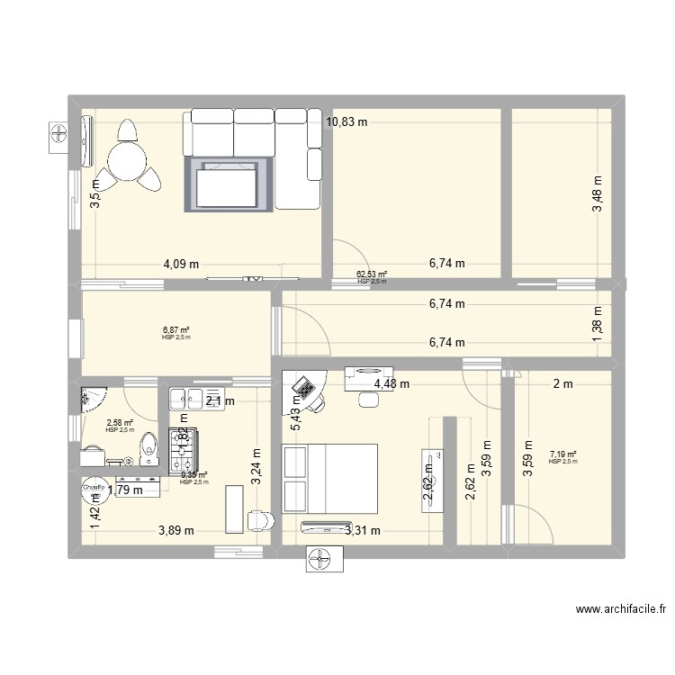 2008. Plan de 5 pièces et 89 m2