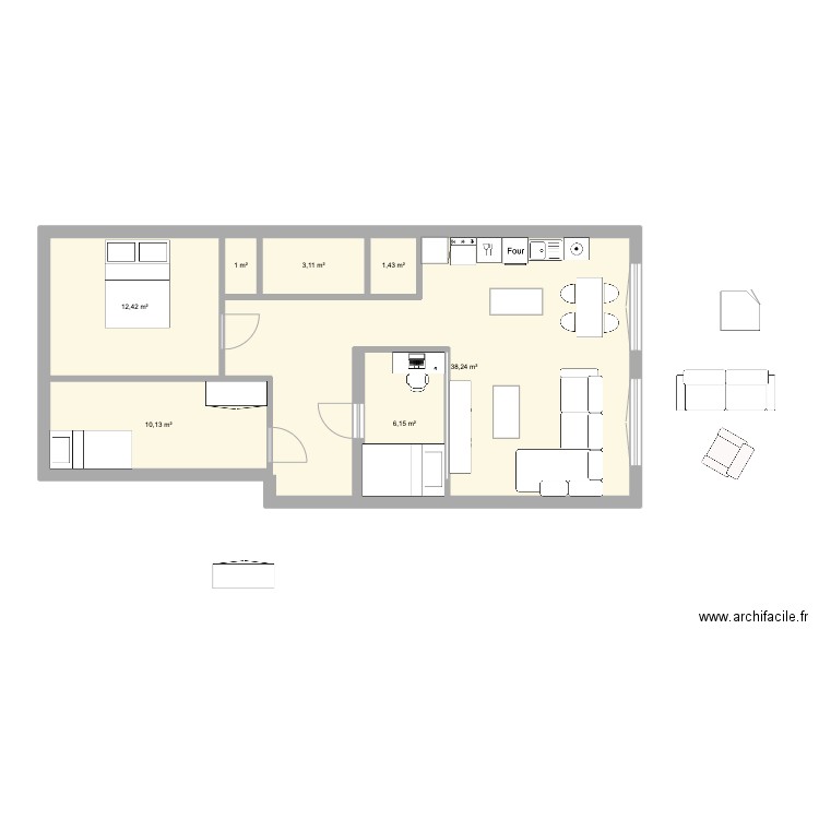 Appart impasse. Plan de 7 pièces et 71 m2