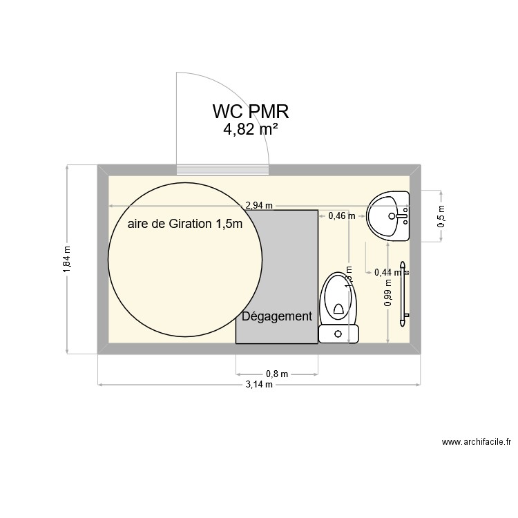 wc PMR. Plan de 1 pièce et 5 m2