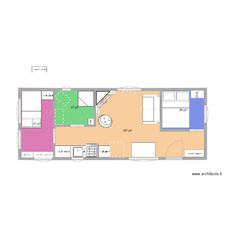 Superposé avec mur rangement. Plan de 4 pièces et 31 m2