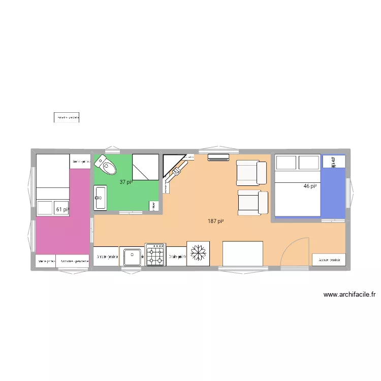 Superpos&eacute; avec mur rangement. Plan de 